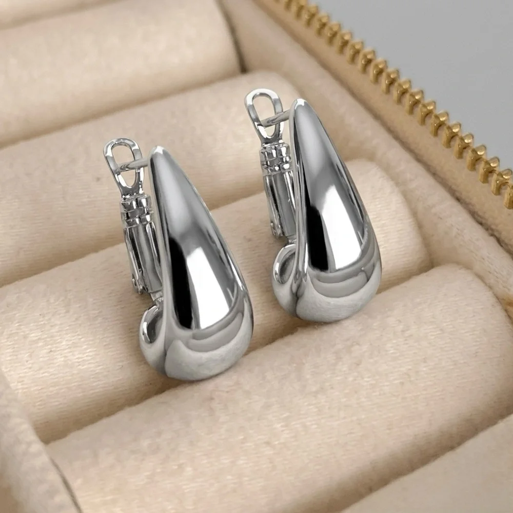 Bottega Style Platinum Plated Puffy Teardrop Hoop Earrings Water Resistant